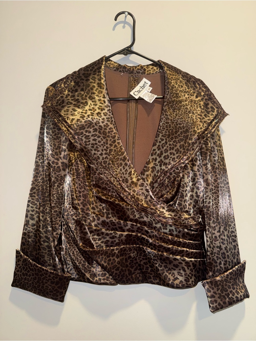 Cachet Satin Leopard-Accent Wrap Blouse - Brown/Tan